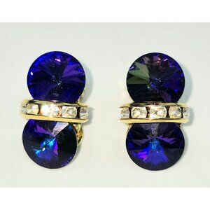 Vintage Gold-Tone Clip-On Earrings With Purple Rhinestones & Clear Accents